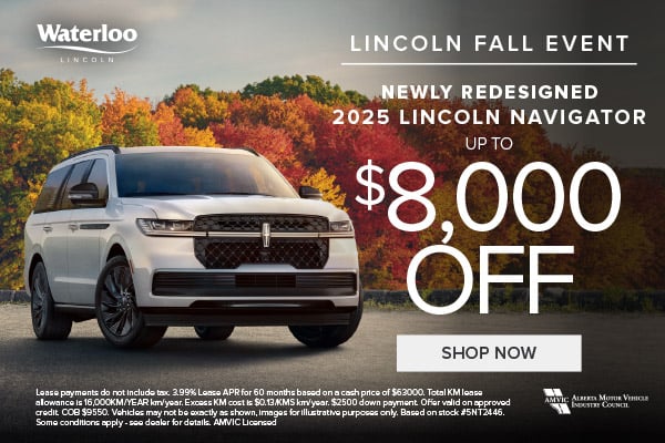 A newly redesigned silver 2025 Lincoln Navigator parked with vivid autumn trees in the background. Text highlights 